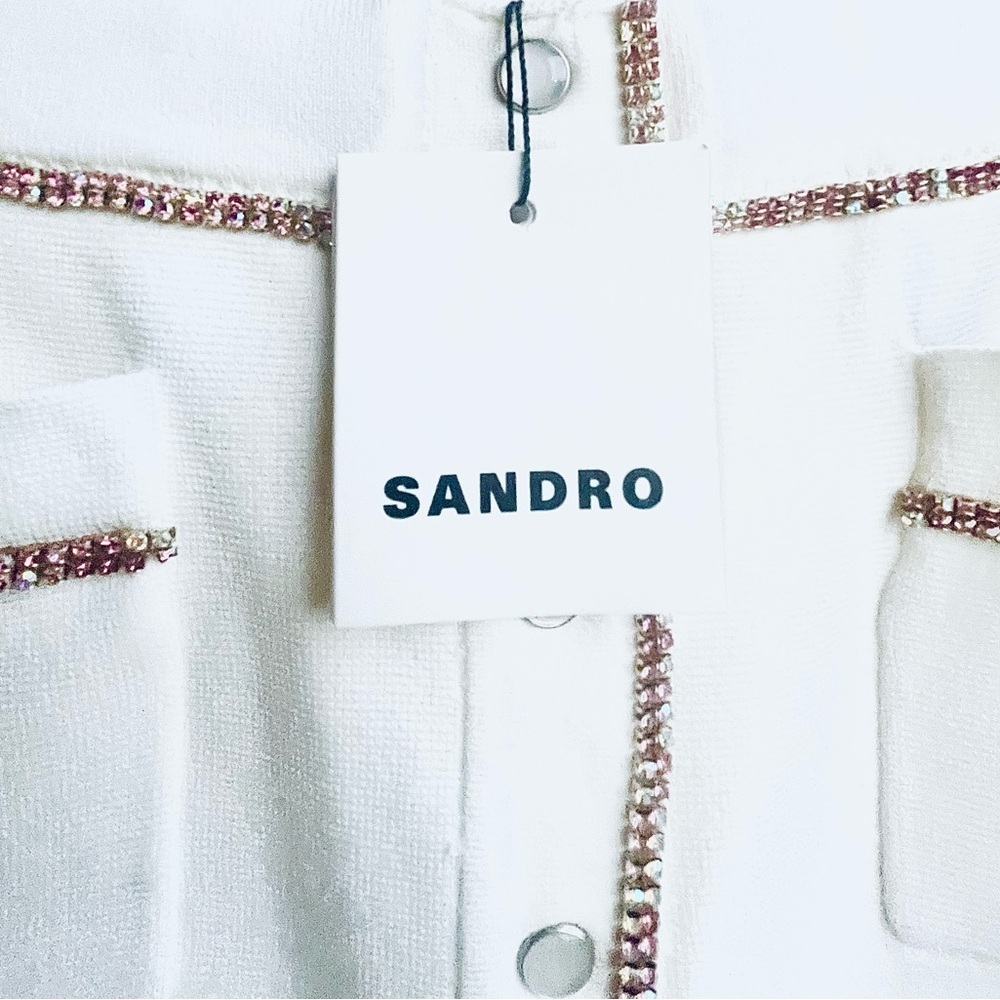 NWT! SANDRO Elsa Ecru Elegant White Skirt Suit Pink Rhinestone Trim Fits U.S. 8 - Picture 4 of 6